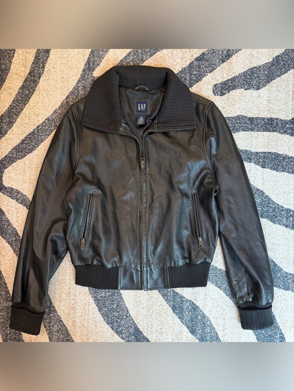 Vintage Gap Jacket Mens L Black Leather Bomber Full Zip Ribbed Collar Lined